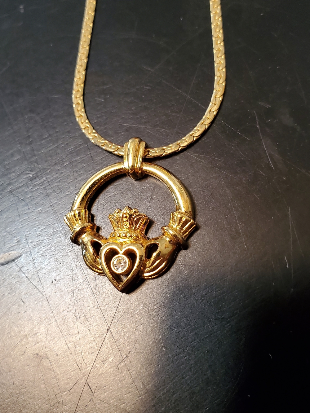 Faux Gold Claddagh Pendant Necklace with Heart and Clear Stone